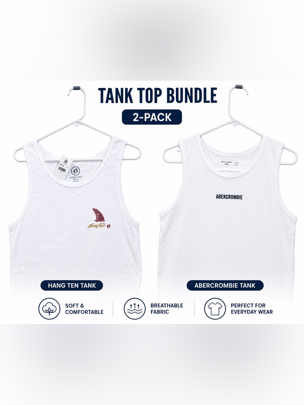 Lot of 2 Boys White Tank Tops Abercrombie Kids Size 13/14 & Hang Ten Small NWT